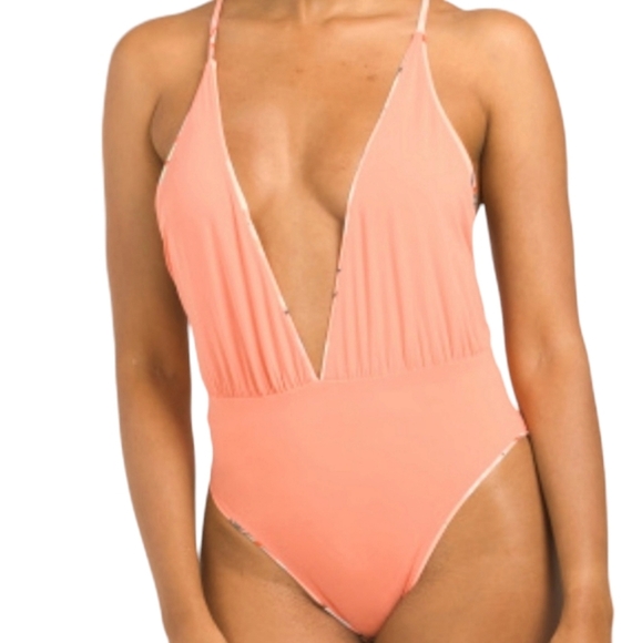Maaji Reversible Floral Plunge Coral Peach Swimsuit NEW - Picture 8 of 9